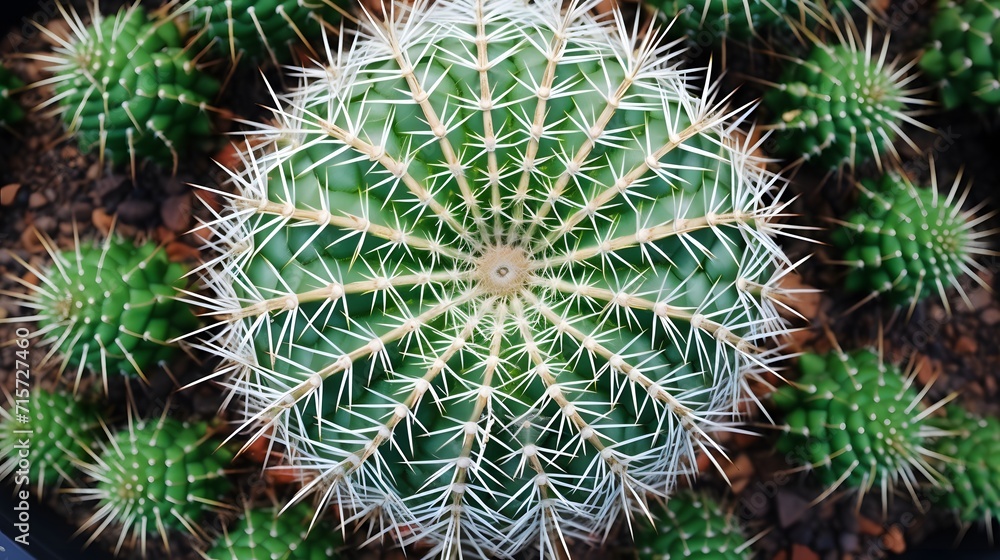 Top view of green cactus tree. Desert plant. Cacti succulent plants. Green cactus in garden. Sharp golden thorn on cactus plant. Stem succulent with spines. Round shape cactus for decoration garden. Top view of green cactus tree. Desert plant. Cacti succulent plants. Green cactus in garden. Sharp golden thorn on cactus plant. Stem succulent with spines. Round shape cactus for decoration garden.