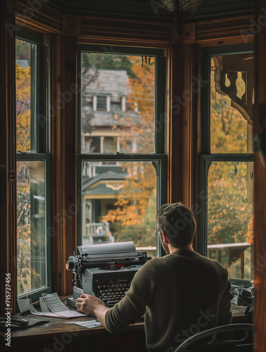 A Photo Of A Writer Typing On An Old Typewriter By The Window Of A Historic Bed And Breakfast