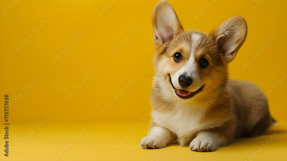 Welsh corgi isolated on yellow background with copy space. Close up portrait of happy smiling corgi puppy lying on the floor. Banner for pet shop. Pet care and animals concept for poster, ads, card. Welsh corgi isolated on yellow background with copy space. Close up portrait of happy smiling corgi puppy lying on the floor. Banner for pet shop. Pet care and animals concept for poster, ads, card.