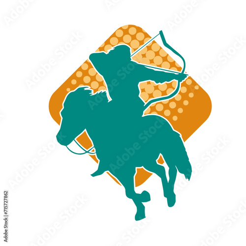 Silhouette of an ancient cavalry soldier aiming with archery weapon. Silhouette of an archer on his running horse.