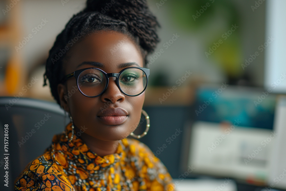 Ambitious Black Woman Working At Office Desk with Computer in Background Ambitious Black Woman Working At Office Desk with Computer in Background