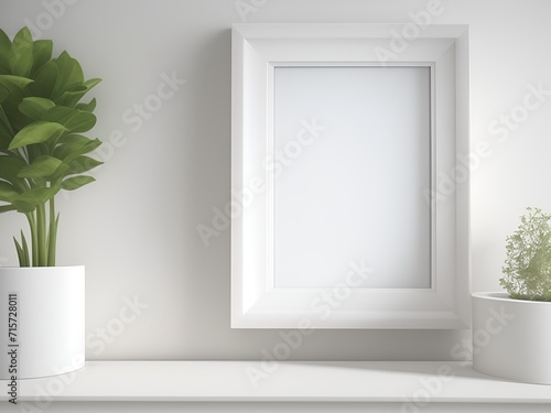 An image showcasing a square frame  designed as a mockup template  resting on a table beside a plant.