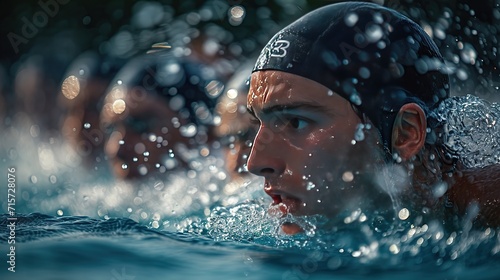 A male swimmer with a cap and goggles is captured in sharp focus as he swims through the water, with bubbles and ripples around him, conveying determination and athleticism. © logonv