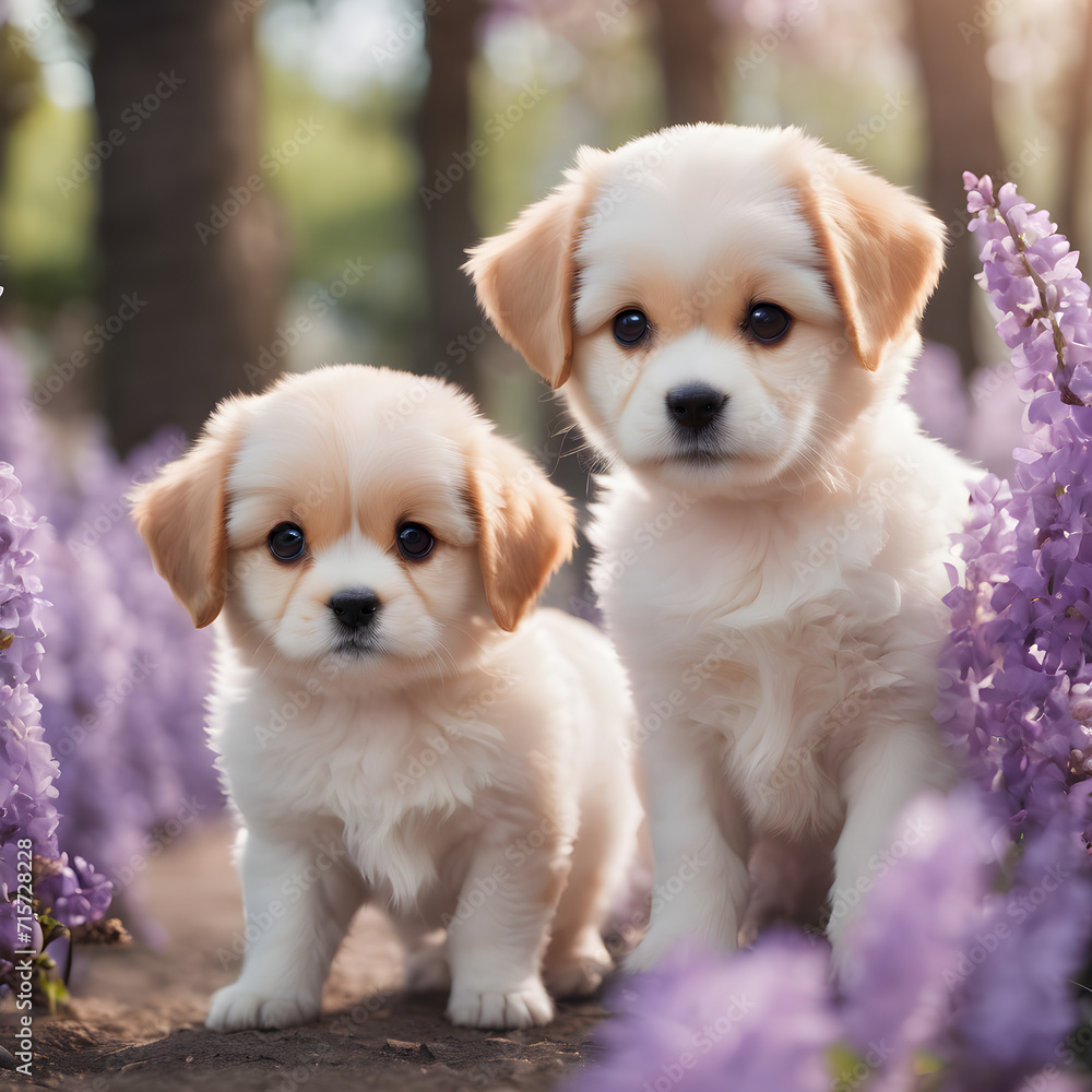 Two adorable puppies, one white and one brown, sit surrounded by flowers in a snowy garden, creating a cute and funny portrait of these purebred dogs