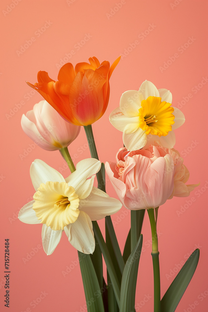 bouquet of yellow tulips and daffodils against pink background bouquet of yellow tulips and daffodils against pink background