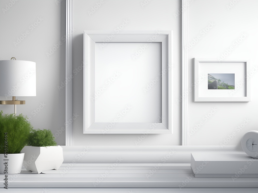 A white frame, specifically a square mockup template, placed on a table beside a plant. A white frame, specifically a square mockup template, placed on a table beside a plant.