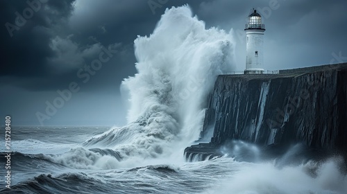 A lighthouse stands firm on a rugged cliff as massive waves crash against it under a tumultuous sky, symbolizing resilience and guidance in the face of adversity.