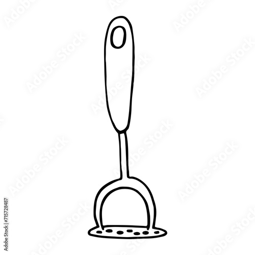 Black and white vector illustration of potato pusher isolated on a white. Pressed potato masher in doodle style