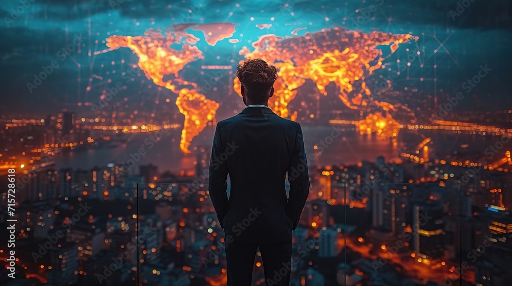 A man in a business suit stands before a high-tech digital world map glowing with connectivity lines, contemplating global business strategies and markets.