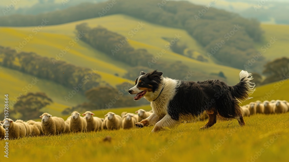 A border collie energetically herds a flock of sheep across a vibrant