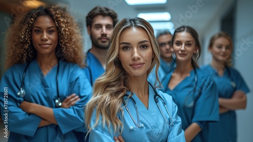 A group of diverse medical professionals in blue scrubs confidently stand in a corridor, with a female doctor at the forefront smiling at the viewer.