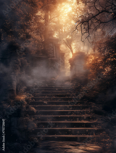 Enchanting Forest Stairway: Magical Fantasy Background for Book Covers and Business Concepts