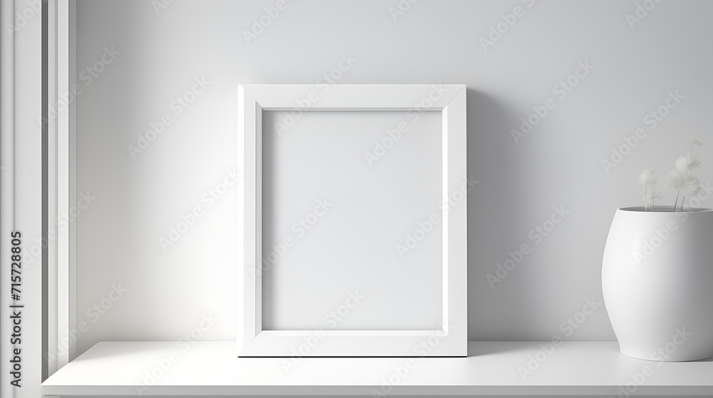 Fototapeta premium A plant positioned next to a square frame on a table, which serves as a mockup template.