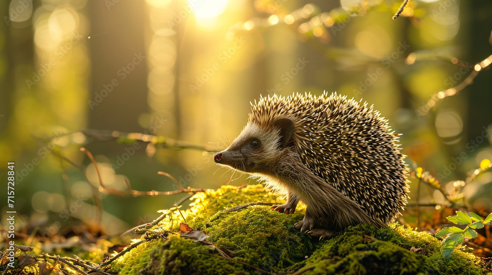 a beautiful hedgehog on a forest glade, rays of the sun a beautiful hedgehog on a forest glade, rays of the sun