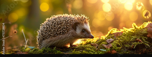 a beautiful hedgehog on a forest glade, rays of the sun