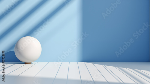 white ball and white floor with blue background and sunlight, minimal background, 3d scene, 3d background, abstract background, 3d render, generate ai