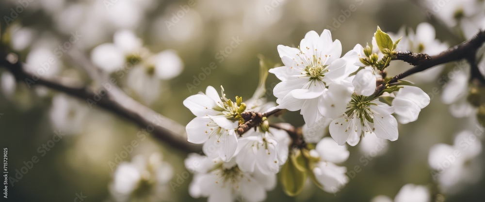 Beautiful spring nature scene with white blooming tree. Abstract blurred background. Soft selective