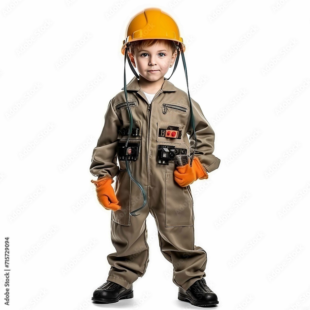 Little boy in Electrician suit on a white background. Children's dream career concept commercial imagery Little boy in Electrician suit on a white background. Children's dream career concept commercial imagery