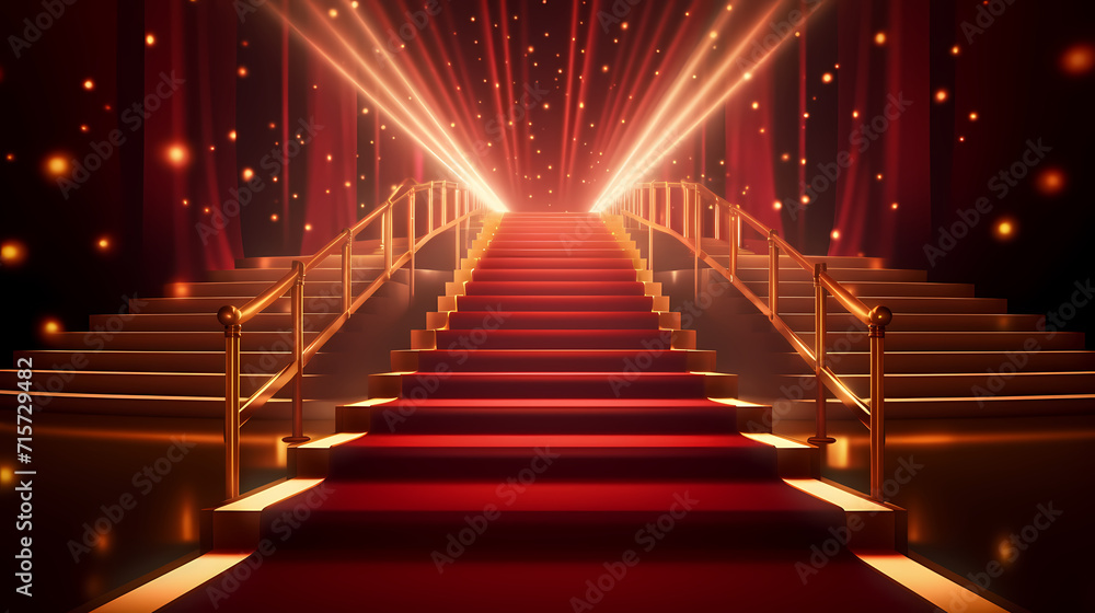 Red carpet on the stairs on dark background, the way to glory, victory and success Red carpet on the stairs on dark background, the way to glory, victory and success