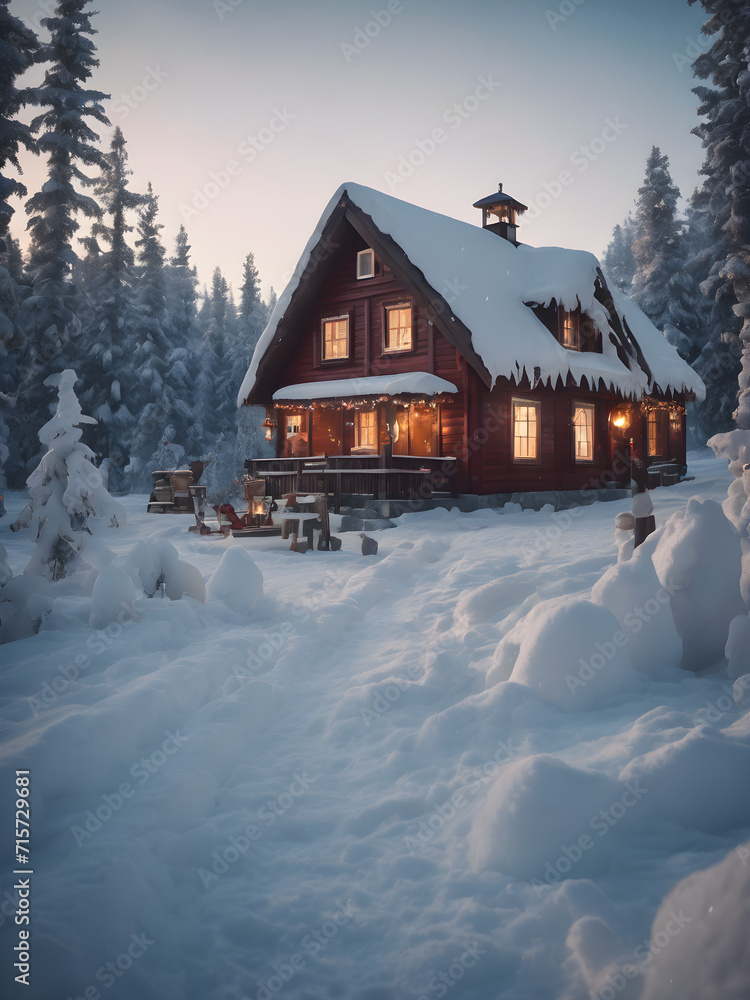 Snowy Mountain Cabin in Winter Landscape with Trees and Sky