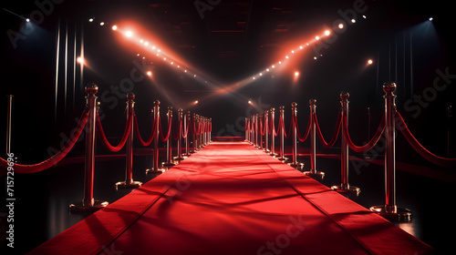 Red carpet on the stairs on dark background, the way to glory, victory and success