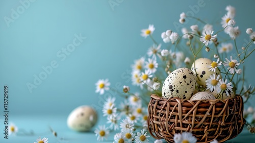 A basket of Easter eggs with white flowers against a clean blue backdrop, Generative AI.