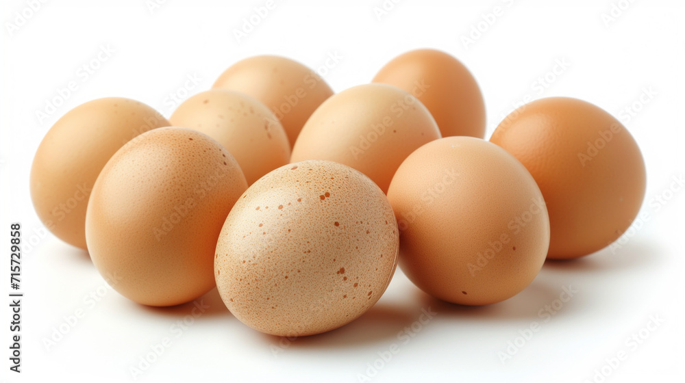 Isolated brown and white eggs, fresh from the farm, showcasing a group of three raw organic eggs with eggshells, a healthy breakfast ingredient Isolated brown and white eggs, fresh from the farm, showcasing a group of three raw organic eggs with eggshells, a healthy breakfast ingredient