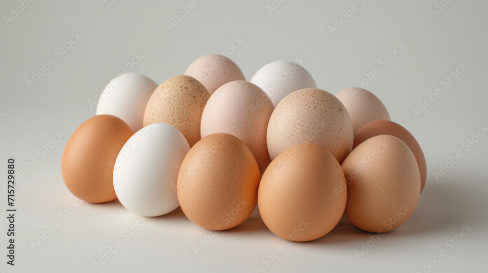 Isolated brown and white eggs, fresh from the farm, showcasing a group of three raw organic eggs with eggshells, a healthy breakfast ingredient Isolated brown and white eggs, fresh from the farm, showcasing a group of three raw organic eggs with eggshells, a healthy breakfast ingredient