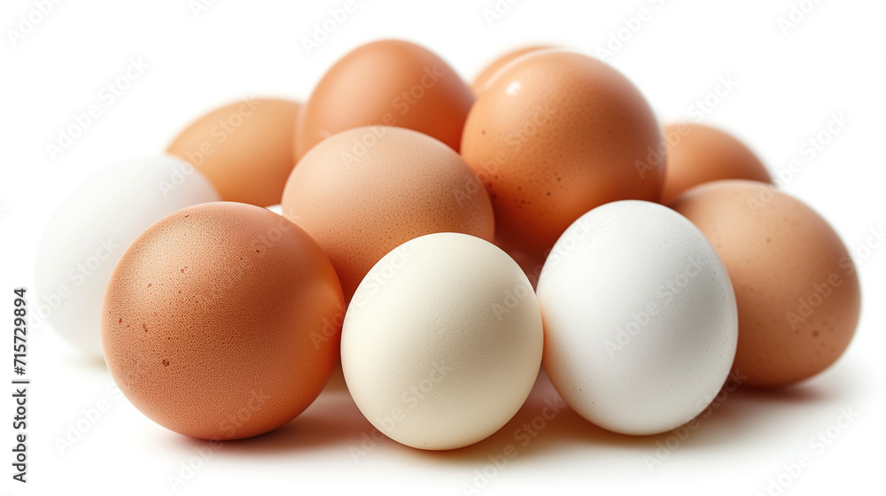 Isolated brown and white eggs, fresh from the farm, showcasing a group of three raw organic eggs with eggshells, a healthy breakfast ingredient Isolated brown and white eggs, fresh from the farm, showcasing a group of three raw organic eggs with eggshells, a healthy breakfast ingredient