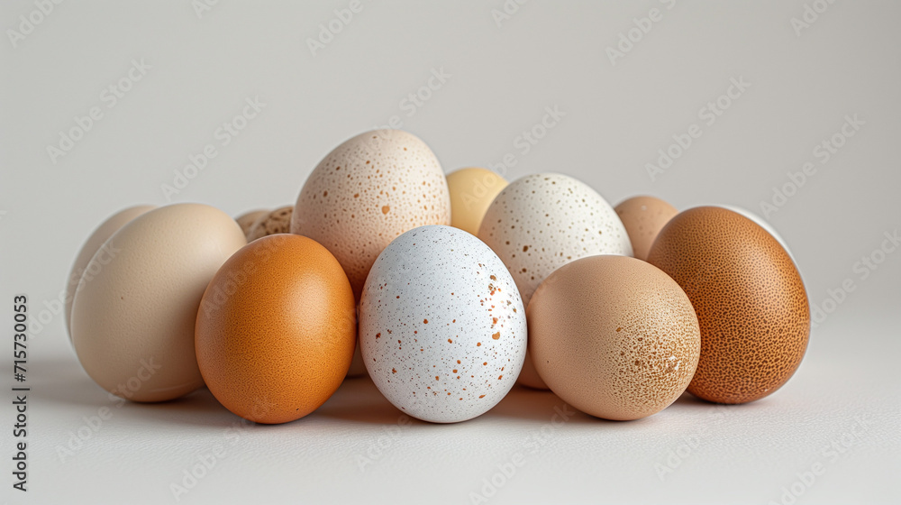 Isolated brown and white eggs, fresh from the farm, showcasing a group of three raw organic eggs with eggshells, a healthy breakfast ingredient Isolated brown and white eggs, fresh from the farm, showcasing a group of three raw organic eggs with eggshells, a healthy breakfast ingredient