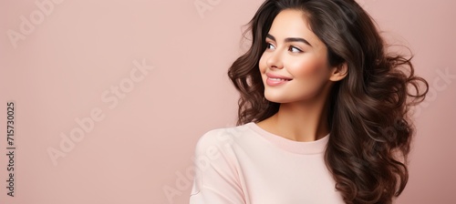 Happy young business casual woman looking into distance with copy space on solid pastel background