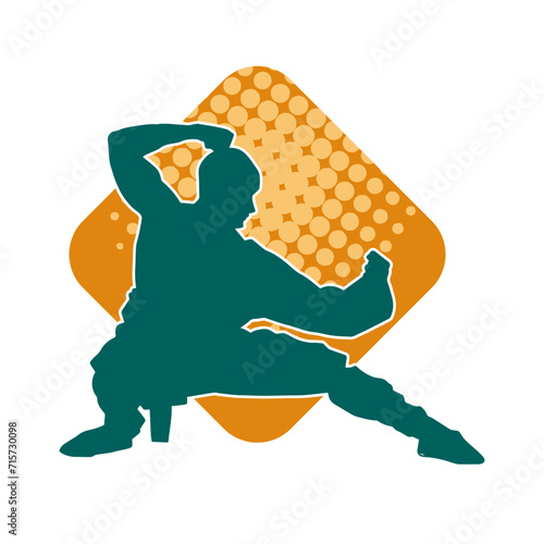 Silhouette of a man in oriental martial art pose. Silhouette of a male in martial art move.
