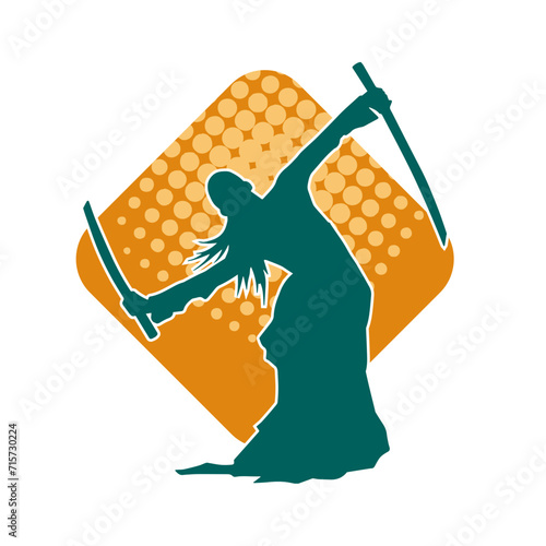 Silhouette of a female warrior in action pose with her sword weapon. Silhouette of a woman fighter in action pose with sharp blade weapon.
