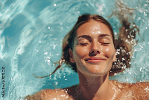 Smiling woman with eyes closed relaxing in water at swimming pool on summer day © Kien