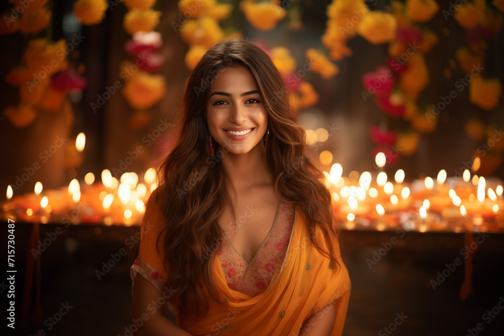 Beautiful indian woman with diwali diya on blurred background Beautiful indian woman with diwali diya on blurred background