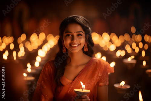 Beautiful indian woman with diwali diya on blurred background