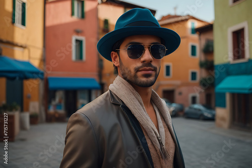 Man Wearing Hat and Sunglasses Standing in Middle of Street. Generative AI.