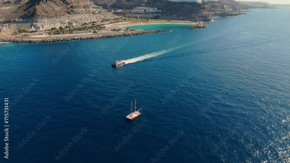 beautiful aerial view to the beach, boats, holidays, canary island beautiful aerial view to the beach, boats, holidays, canary island