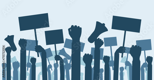Crowd of demonstrators with placard. Silhouette of protesting people. Stock vector illustration.