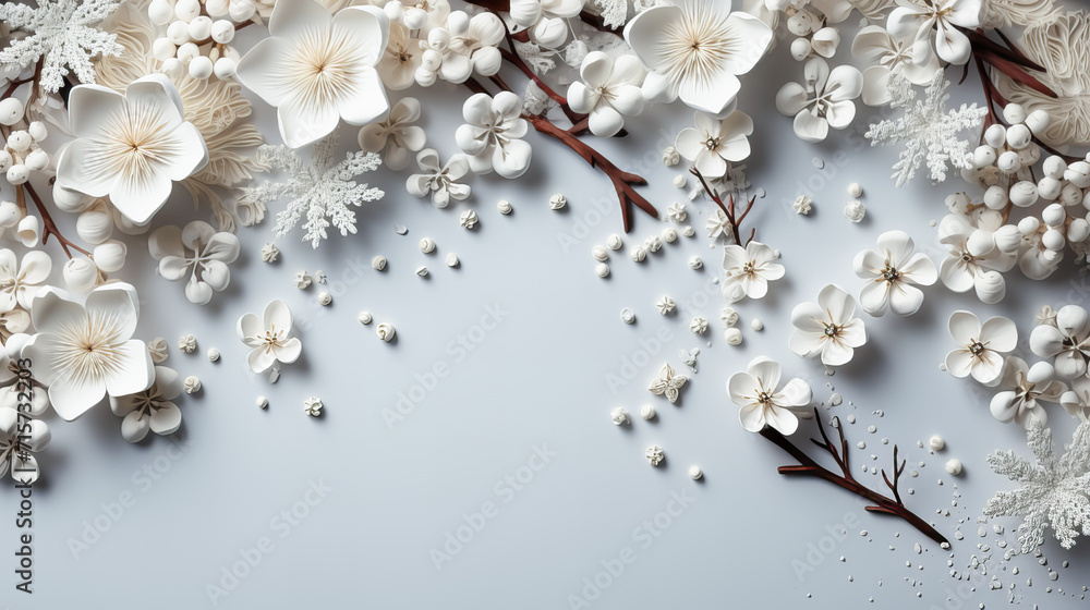 Beautiful blossoming branches on light blue background, flat lay. Space for text. Generative AI technology. Beautiful blossoming branches on light blue background, flat lay. Space for text. Generative AI technology.