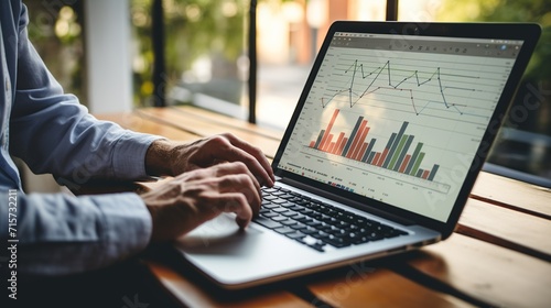 Hand men using laptop for data analysis, business finance with graph chart report. Financial graph on a laptop screen. Generative AI