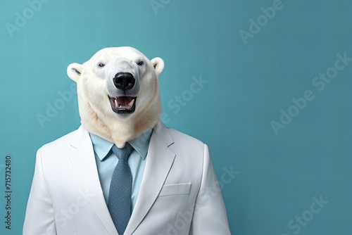 animal polar bear wild animal concept Anthromophic friendly bear wearing suite formal business suit pretending to work in coporate workplace studio shot on plain color wall © VERTEX SPACE