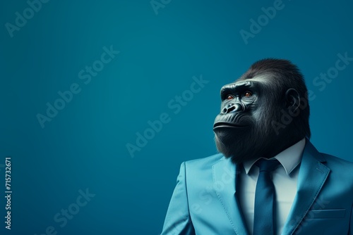 animal monkey concept Anthromophic friendly rabbit wearing suite formal business suit pretending to work in coporate workplace studio shot on plain color wall