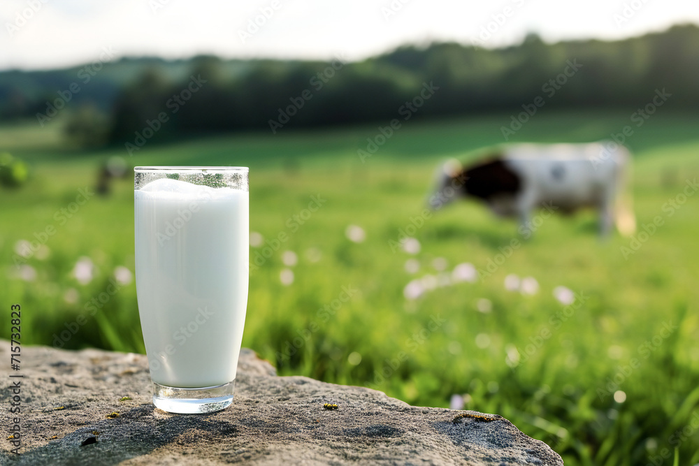 A glass of fresh milk against the background of a meadow with a cow A glass of fresh milk against the background of a meadow with a cow
