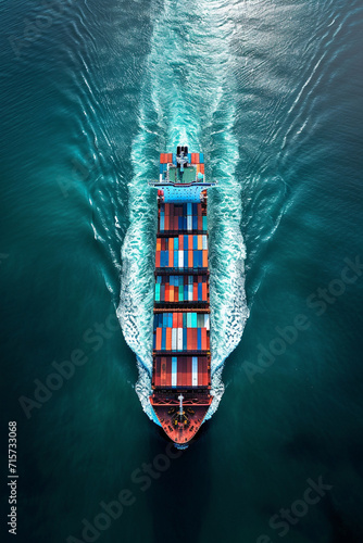 cargo ship with containers in the ocean top view