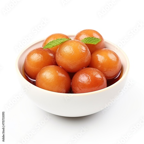 Sweet Indian dessert, Gulab Jamun served in a round dish isolated on white background