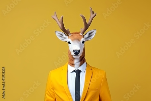 animal deer concept Anthromophic friendly rabbit wearing suite formal business suit pretending to work in coporate workplace studio shot on plain color wall
