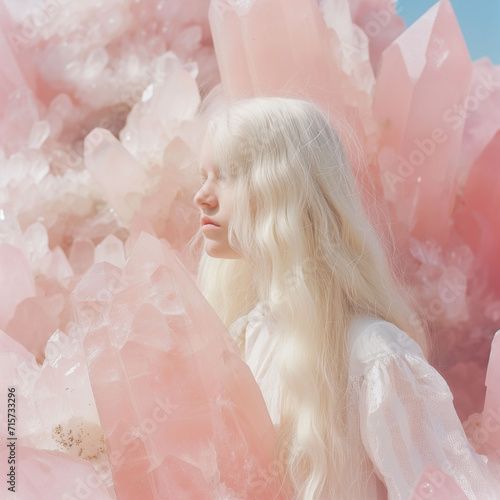 Beautiful young blonde woman among giant rose quartz crystals, a dreamy landscape on pale pink and blue colors photo