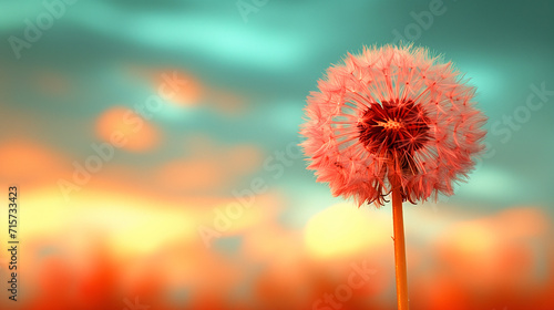 close-up image of a dandelion with a blurry orange and teal background. The dandelion is in full seed  ready to be blown away