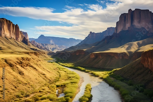 A panoramic shot of the majestic Big Bend National Park, with rugged canyons and towering cliffs carved by the Rio Grande. photo